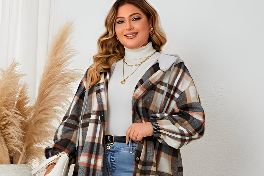 Trendy Plus Size Plaid Wool Coat